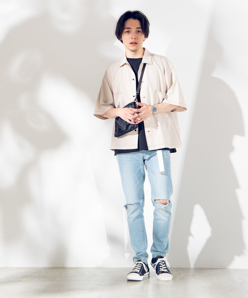 WEGO(ウィゴー)の「WEGO/配色ステッチ5分袖ビッグシルエットポプリンシャツ(シャツ/ブラウス・メンズ・ブラック/ベージュ/ネイビー・MEDIUM/LARGE)」の22枚目の写真