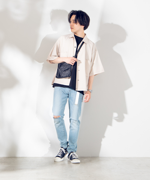 WEGO(ウィゴー)の「WEGO/配色ステッチ5分袖ビッグシルエットポプリンシャツ(シャツ/ブラウス・メンズ・ブラック/ベージュ/ネイビー・MEDIUM/LARGE)」の18枚目の写真