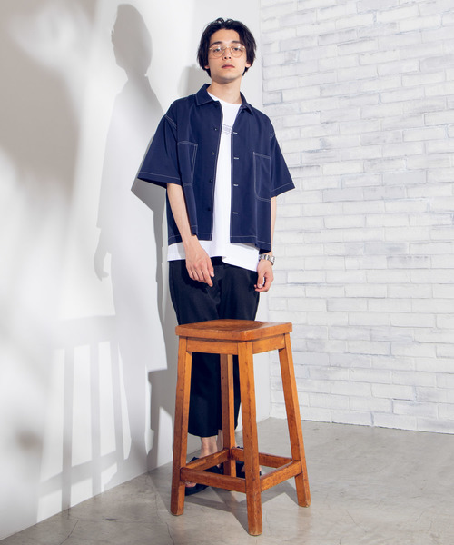 WEGO(ウィゴー)の「WEGO/配色ステッチ5分袖ビッグシルエットポプリンシャツ(シャツ/ブラウス・メンズ・ブラック/ベージュ/ネイビー・MEDIUM/LARGE)」の20枚目の写真