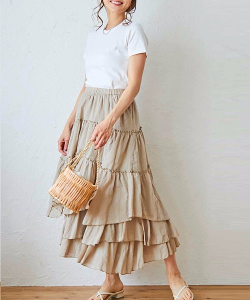 M y u(ミュー)の「アシンメトリーティアードスカート(スカート・レディース・ホワイト/ベージュ/ライトカーキ/グレイッシュベージュ/ネイビー/ピンク/グレー・FREE)」の1枚目の写真