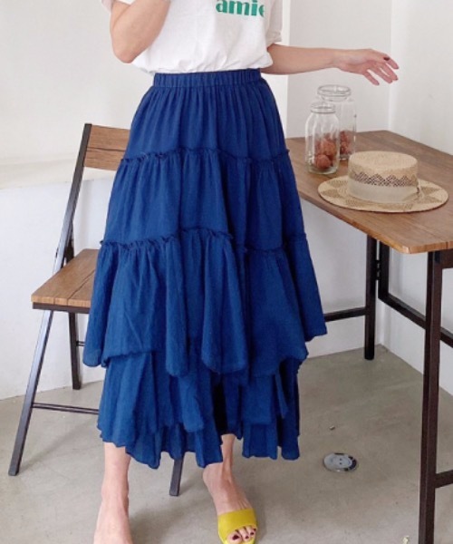 M y u(ミュー)の「アシンメトリーティアードスカート(スカート・レディース・ホワイト/ベージュ/ライトカーキ/グレイッシュベージュ/ネイビー/ピンク/グレー・FREE)」の6枚目の写真