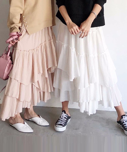 M y u(ミュー)の「アシンメトリーティアードスカート(スカート・レディース・ホワイト/ベージュ/ライトカーキ/グレイッシュベージュ/ネイビー/ピンク/グレー・FREE)」の8枚目の写真