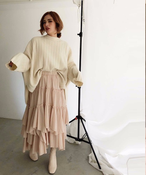 M y u(ミュー)の「アシンメトリーティアードスカート(スカート・レディース・ホワイト/ベージュ/ライトカーキ/グレイッシュベージュ/ネイビー/ピンク/グレー・FREE)」の10枚目の写真