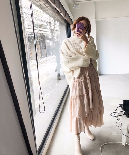 M y u(ミュー)の「アシンメトリーティアードスカート(スカート・レディース・ホワイト/ベージュ/ライトカーキ/グレイッシュベージュ/ネイビー/ピンク/グレー・FREE)」の12枚目の写真