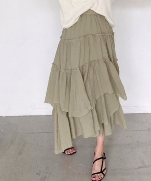 M y u(ミュー)の「アシンメトリーティアードスカート(スカート・レディース・ホワイト/ベージュ/ライトカーキ/グレイッシュベージュ/ネイビー/ピンク/グレー・FREE)」の21枚目の写真