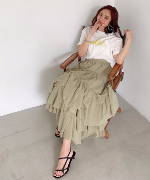 M y u(ミュー)の「アシンメトリーティアードスカート(スカート・レディース・ホワイト/ベージュ/ライトカーキ/グレイッシュベージュ/ネイビー/ピンク/グレー・FREE)」の20枚目の写真