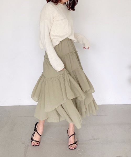M y u(ミュー)の「アシンメトリーティアードスカート(スカート・レディース・ホワイト/ベージュ/ライトカーキ/グレイッシュベージュ/ネイビー/ピンク/グレー・FREE)」の19枚目の写真