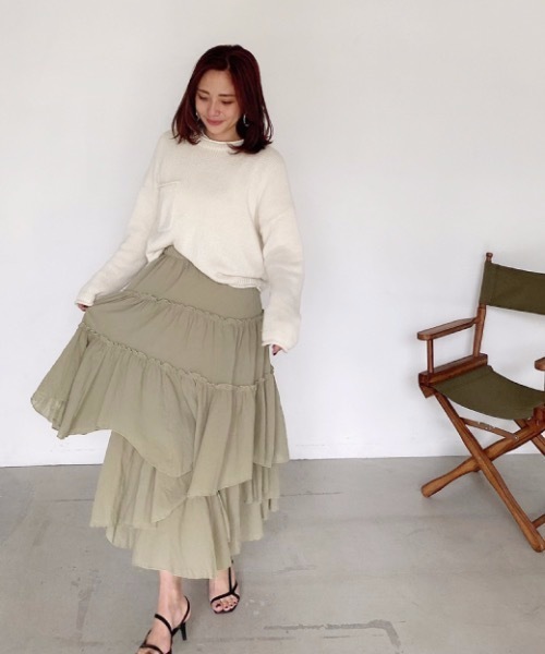 M y u(ミュー)の「アシンメトリーティアードスカート(スカート・レディース・ホワイト/ベージュ/ライトカーキ/グレイッシュベージュ/ネイビー/ピンク/グレー・FREE)」の18枚目の写真