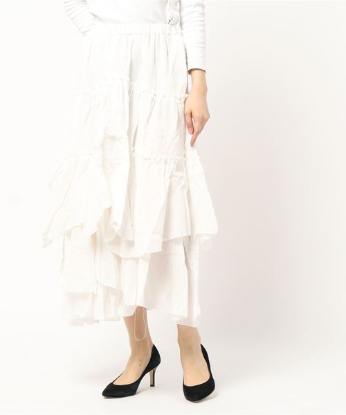 M y u(ミュー)の「アシンメトリーティアードスカート(スカート・レディース・ホワイト/ベージュ/ライトカーキ/グレイッシュベージュ/ネイビー/ピンク/グレー・FREE)」の15枚目の写真