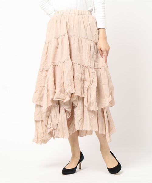 M y u(ミュー)の「アシンメトリーティアードスカート(スカート・レディース・ホワイト/ベージュ/ライトカーキ/グレイッシュベージュ/ネイビー/ピンク/グレー・FREE)」の14枚目の写真