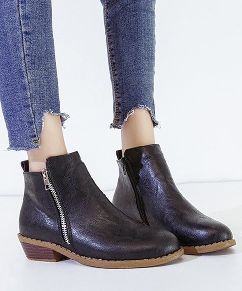 Puレザーローヒールショートブーツ