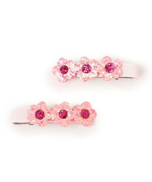 Milk x Soda(ミルクソーダ)の「Milk×Soda:グリッター フラワー ヘアクリップ セット(バレッタ/ヘアクリップ・キッズ・ピンク/ライトブルー・ONE SIZE)」の2枚目の写真