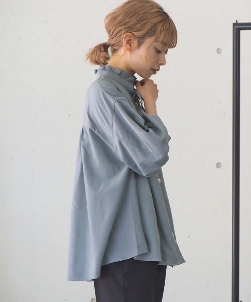 ブラウス シャツ Dog PT ハイネックブラウス レディース tiptop（ティップトップ）の「2021SS 多釦フリルハイネック