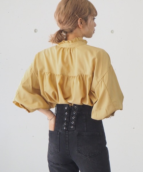 ブラウス シャツ Dog PT ハイネックブラウス レディース tiptop（ティップトップ）の「2021SS 多釦フリルハイネック