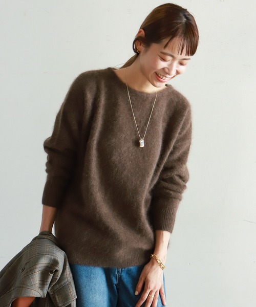 NOMBRE IMPAIR(ノンブルアンペール)の「ブラッシュウール ボートネックロングニット(ニット/セーター・レディース・ライトグレー/ブラウン/レッド/キャメル/ブルー/パープル・FREE)」の1枚目の写真