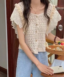 異素材切替透かし編みニットトップス