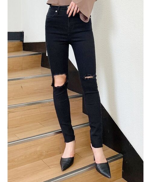 GYDA(ジェイダ)の「H/W KNEEダメージデザインカラーパンツ(チノパンツ・レディース・ブラック/ベージュ・SMALL/MEDIUM/X-SMALL)」の2枚目の写真