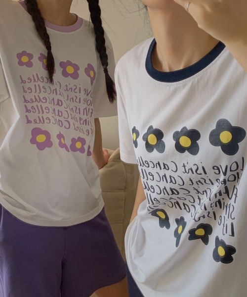 HALEY PESCA（ヘーリーペスカ）の「HALEY PESCA/リンガーネック フラワーTシャツセットアップ（セットアップ・レディース・パープル/ピンク/ブルー/グリーン・FREE）」の4枚目の写真