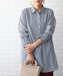麻調素材切替デザインシャツチュニック