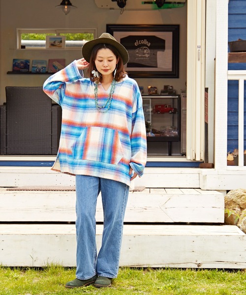 チャイハネ（チャイハネ）の「【チャイハネ】南インドの織り布 チェック柄メキシカンパーカー（パーカー・メンズ・ホワイト/ブラック/パープル・FREE）」の15枚目の写真