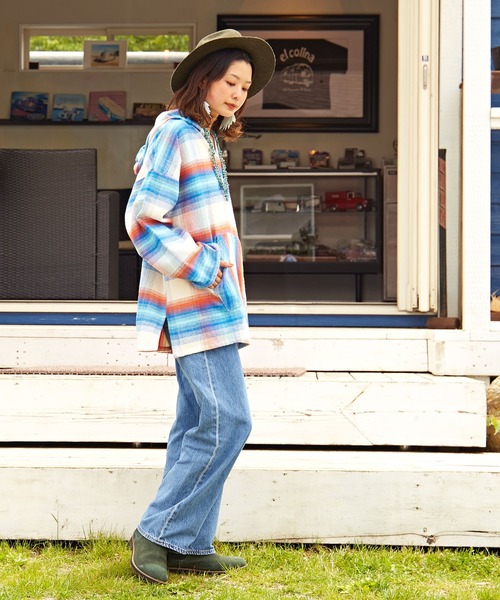 チャイハネ（チャイハネ）の「【チャイハネ】南インドの織り布 チェック柄メキシカンパーカー（パーカー・メンズ・ホワイト/ブラック/パープル・FREE）」の8枚目の写真