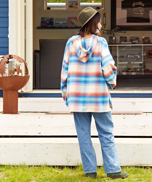 チャイハネ（チャイハネ）の「【チャイハネ】南インドの織り布 チェック柄メキシカンパーカー（パーカー・メンズ・ホワイト/ブラック/パープル・FREE）」の5枚目の写真