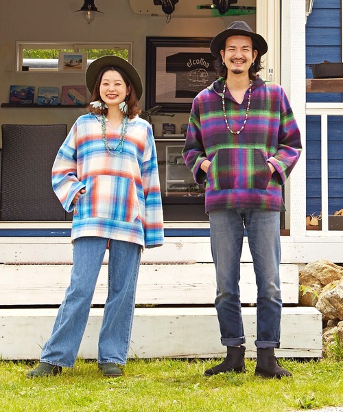 チャイハネ（チャイハネ）の「【チャイハネ】南インドの織り布 チェック柄メキシカンパーカー（パーカー・メンズ・ホワイト/ブラック/パープル・FREE）」の18枚目の写真