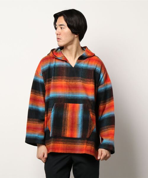 チャイハネ（チャイハネ）の「【チャイハネ】南インドの織り布 チェック柄メキシカンパーカー（パーカー・メンズ・ホワイト/ブラック/パープル・FREE）」の21枚目の写真