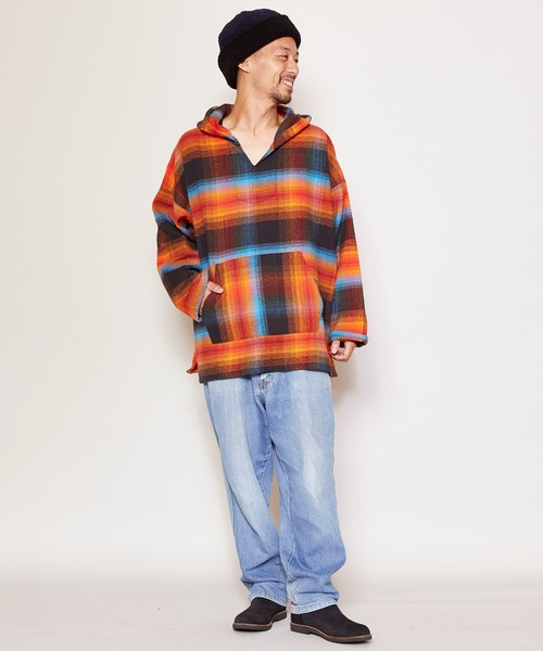 チャイハネ（チャイハネ）の「【チャイハネ】南インドの織り布 チェック柄メキシカンパーカー（パーカー・メンズ・ホワイト/ブラック/パープル・FREE）」の12枚目の写真