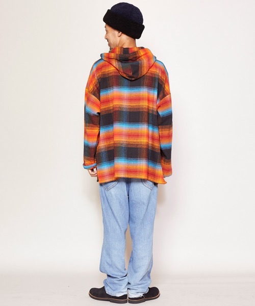 チャイハネ（チャイハネ）の「【チャイハネ】南インドの織り布 チェック柄メキシカンパーカー（パーカー・メンズ・ホワイト/ブラック/パープル・FREE）」の16枚目の写真