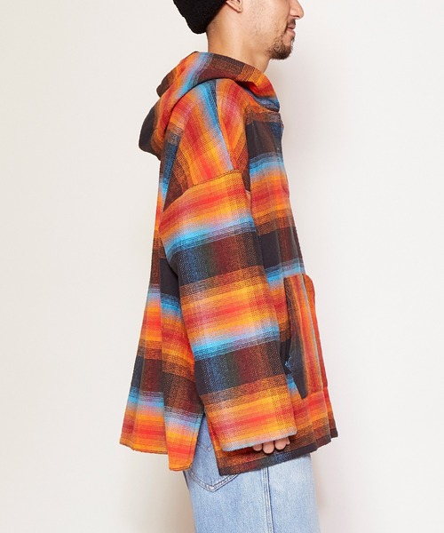 チャイハネ（チャイハネ）の「【チャイハネ】南インドの織り布 チェック柄メキシカンパーカー（パーカー・メンズ・ホワイト/ブラック/パープル・FREE）」の9枚目の写真