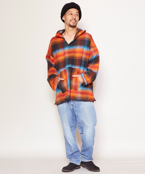 チャイハネ（チャイハネ）の「【チャイハネ】南インドの織り布 チェック柄メキシカンパーカー（パーカー・メンズ・ホワイト/ブラック/パープル・FREE）」の13枚目の写真