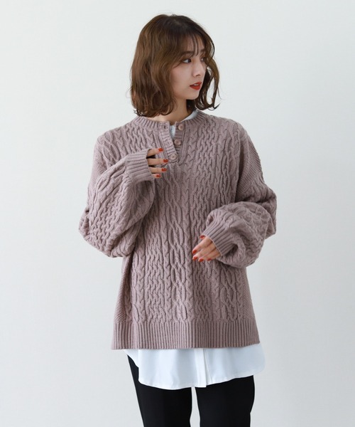 SUGAR BISKET（シュガービスケット）の「ビッグシルエットケーブル編みニットトップス（ニット/セーター・レディース・ブラック/ブラウン/グリーン/アイボリー/グレイッシュベージュ・フリー）」の5枚目の写真