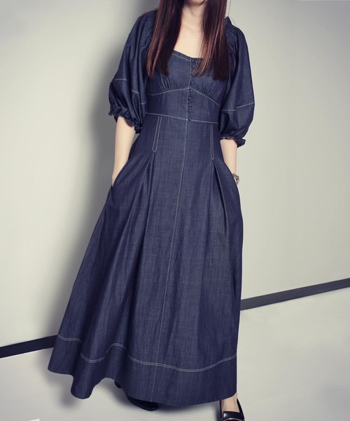 HEMERI(エメリ)の「コットンデニムフレアワンピース(ワンピース・レディース・ブラック/インディゴブルー・M)」の9枚目の写真