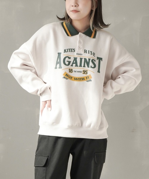 SPINNS(スピンズ)の「【ゆったりシルエット】AGAINSTロゴ ポロシャツスウェット(スウェット・レディース・ブラック/ダークグリーン/ブラウン/ナチュラル・ONESIZE)」の4枚目の写真