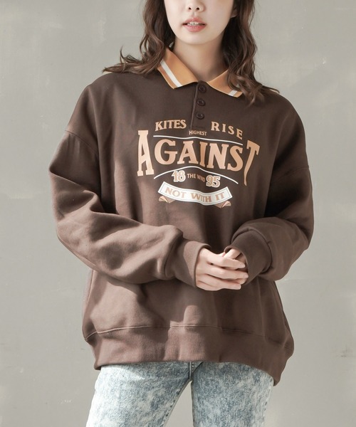 SPINNS(スピンズ)の「【ゆったりシルエット】AGAINSTロゴ ポロシャツスウェット(スウェット・レディース・ブラック/ダークグリーン/ブラウン/ナチュラル・ONESIZE)」の3枚目の写真