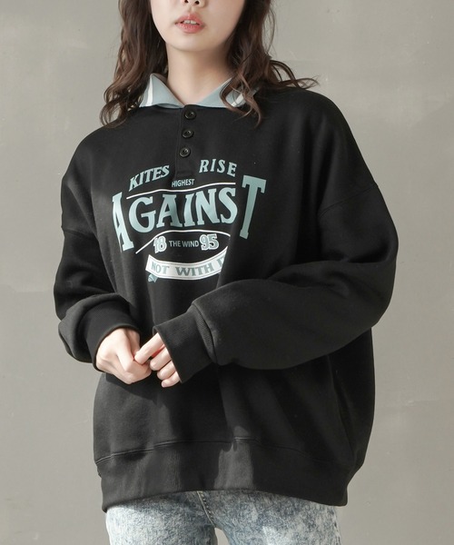 SPINNS(スピンズ)の「【ゆったりシルエット】AGAINSTロゴ ポロシャツスウェット(スウェット・レディース・ブラック/ダークグリーン/ブラウン/ナチュラル・ONESIZE)」の2枚目の写真