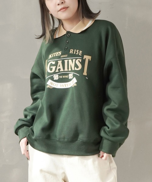 SPINNS(スピンズ)の「【ゆったりシルエット】AGAINSTロゴ ポロシャツスウェット(スウェット・レディース・ブラック/ダークグリーン/ブラウン/ナチュラル・ONESIZE)」の1枚目の写真