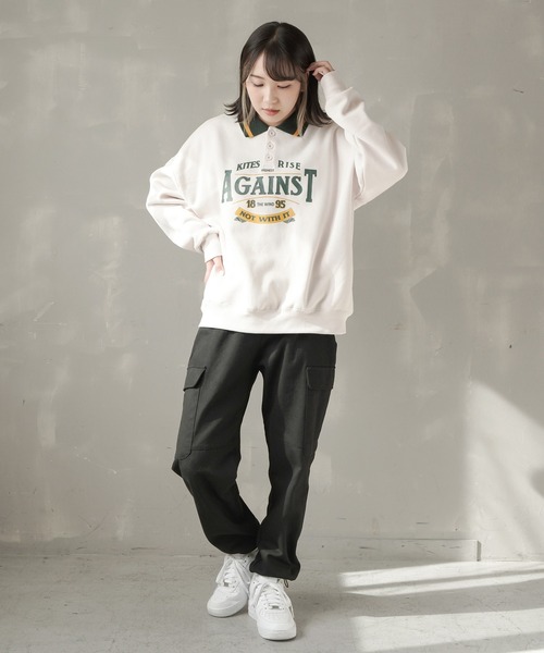 SPINNS(スピンズ)の「【ゆったりシルエット】AGAINSTロゴ ポロシャツスウェット(スウェット・レディース・ブラック/ダークグリーン/ブラウン/ナチュラル・ONESIZE)」の8枚目の写真