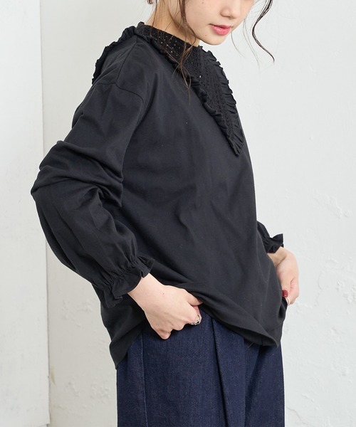 PUAL CE CIN（ピュアルセシン）の「カギ針編み襟カットソー（Tシャツ/カットソー・レディース・ホワイト/ブラック・FREE）」の7枚目の写真