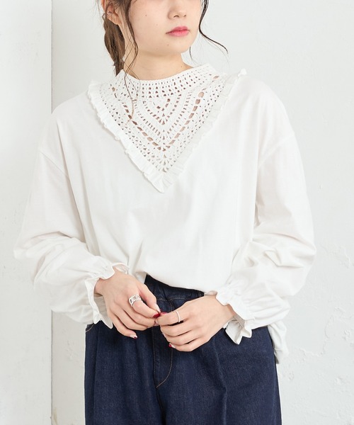 PUAL CE CIN（ピュアルセシン）の「カギ針編み襟カットソー（Tシャツ/カットソー・レディース・ホワイト/ブラック・FREE）」の13枚目の写真