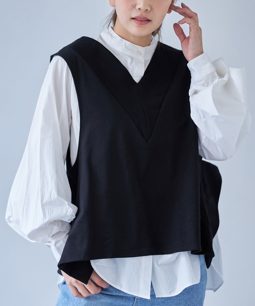 each（イーチ）の「ボリュームシャツドッキングアンサンブル（アンサンブル・レディース・ベージュ/ブラック/グレー・FREE）」の2枚目の写真