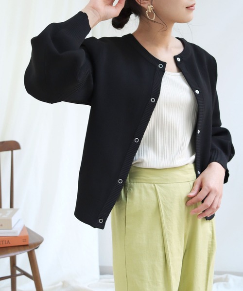 HER CLOSET(ハークローゼット)の「【shemoshelly】ボリュームスリーブスウェットライクダンボールニット2wayカーディガン(ニット/セーター・レディース・ブラック/オフホワイト/ミント/マスタード/ラベンダー/グレイッシュベージュ・M)」の7枚目の写真