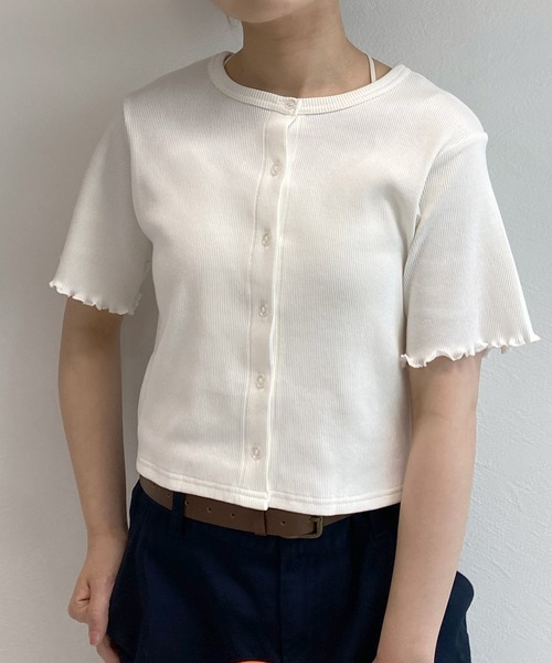 w closet（ダブルクローゼット）の「テレコ半袖クルーネックカーディガン（カーディガン/ボレロ・レディース・イエロー系その他/ブルー系その他/オフホワイト/ブラック・FREE）」の2枚目の写真