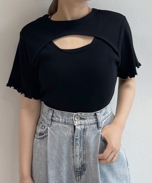 w closet（ダブルクローゼット）の「テレコ半袖クルーネックカーディガン（カーディガン/ボレロ・レディース・イエロー系その他/ブルー系その他/オフホワイト/ブラック・FREE）」の3枚目の写真