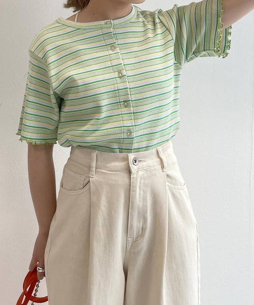 w closet（ダブルクローゼット）の「テレコ半袖クルーネックカーディガン（カーディガン/ボレロ・レディース・イエロー系その他/ブルー系その他/オフホワイト/ブラック・FREE）」の14枚目の写真