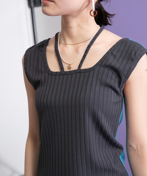 Eimee Law（エイミーロウ）の「ネッククロス2WAYリブタンク（タンクトップ・レディース・ブラック/チャコールグレー/アイボリー・38）」の10枚目の写真
