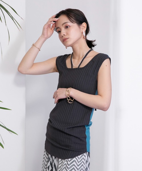 Eimee Law（エイミーロウ）の「ネッククロス2WAYリブタンク（タンクトップ・レディース・ブラック/チャコールグレー/アイボリー・38）」の12枚目の写真