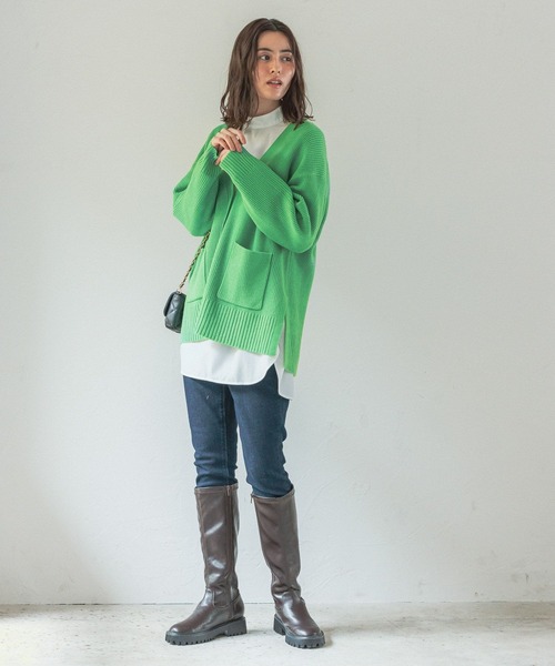 LEPSIM（レプシィム）の「7ゲージVネック満たされニットカーデ　294945（カーディガン/ボレロ・レディース・キナリ/キャメル/グリーン/ラベンダー/ネイビー・FREE）」の11枚目の写真