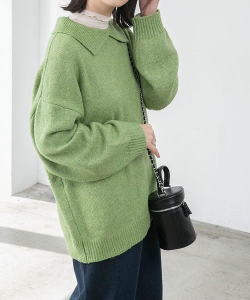 BONLECILL(ボンルシール)の「オーバー畦編みデザイン襟ニットプルオーバー(ニット/セーター・レディース・グリーン/アイボリー/ブルー/ピンク/グレー・FREE)」の12枚目の写真